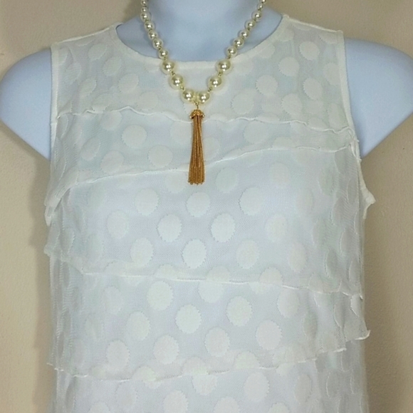 Tank Top sleeveless Pull Over Blouse shell white lace polka dot stretch tiered - Picture 5 of 8